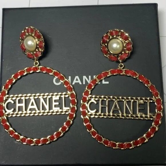 Chanel Red Leather and Gold Chain CHANEL Hoop Pearl Earrings 929 shipped Pearl - Picture 1 of 6